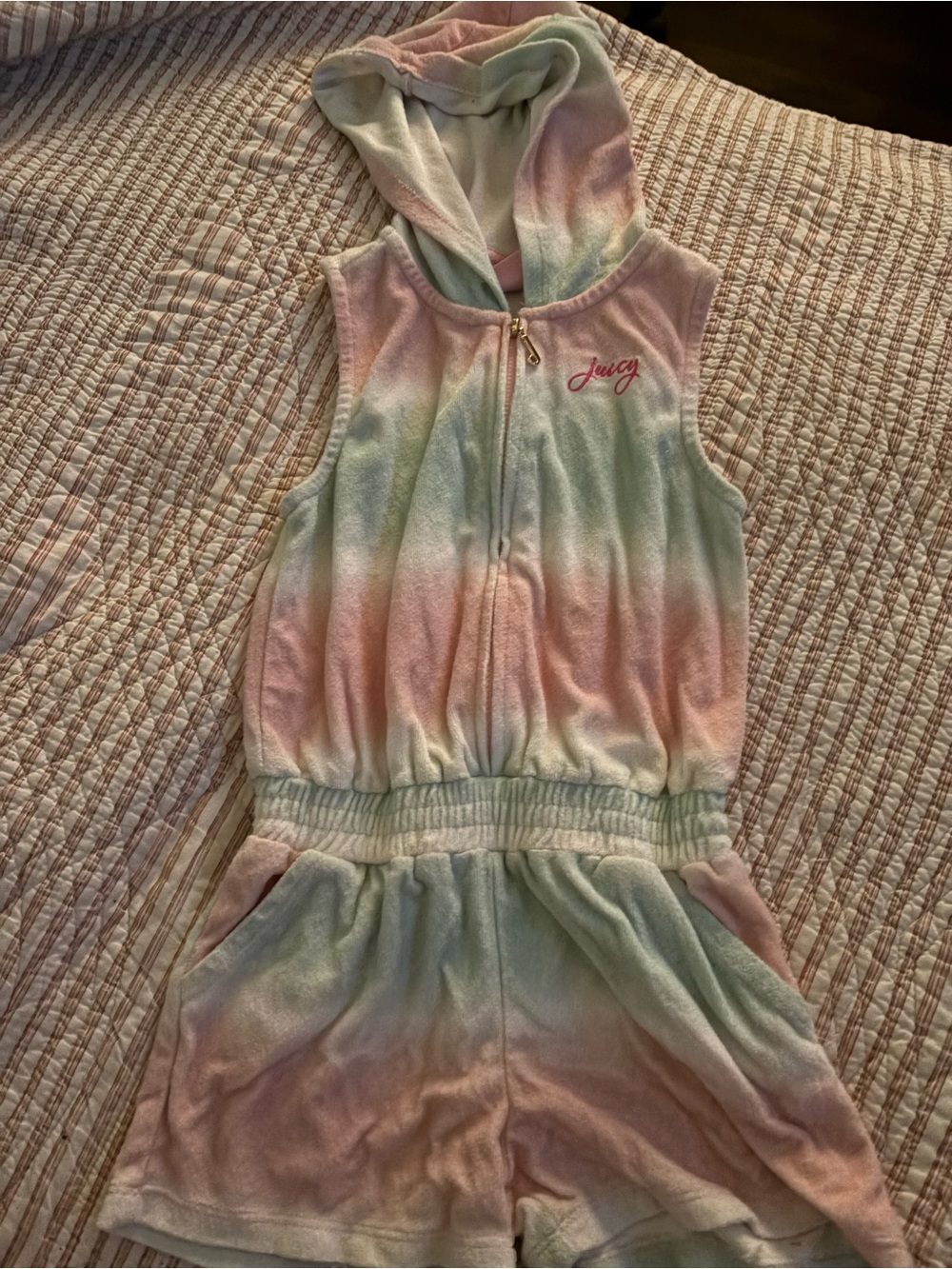 Juicy Couture Pink and Mint Tie-Dye Hooded Terry Romper